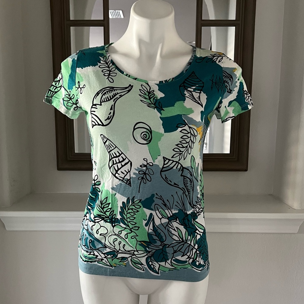 Ann Taylor Crew Neck Top Cotton Marine Green Multi Short Sleeve Size S NEW - Picture 5 of 9